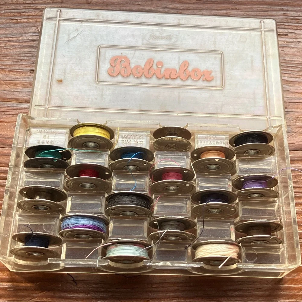Vintage Clear Lucite 1949 Bobinbox BOBBIN HOLDER includes 18 metal 1” bobbins